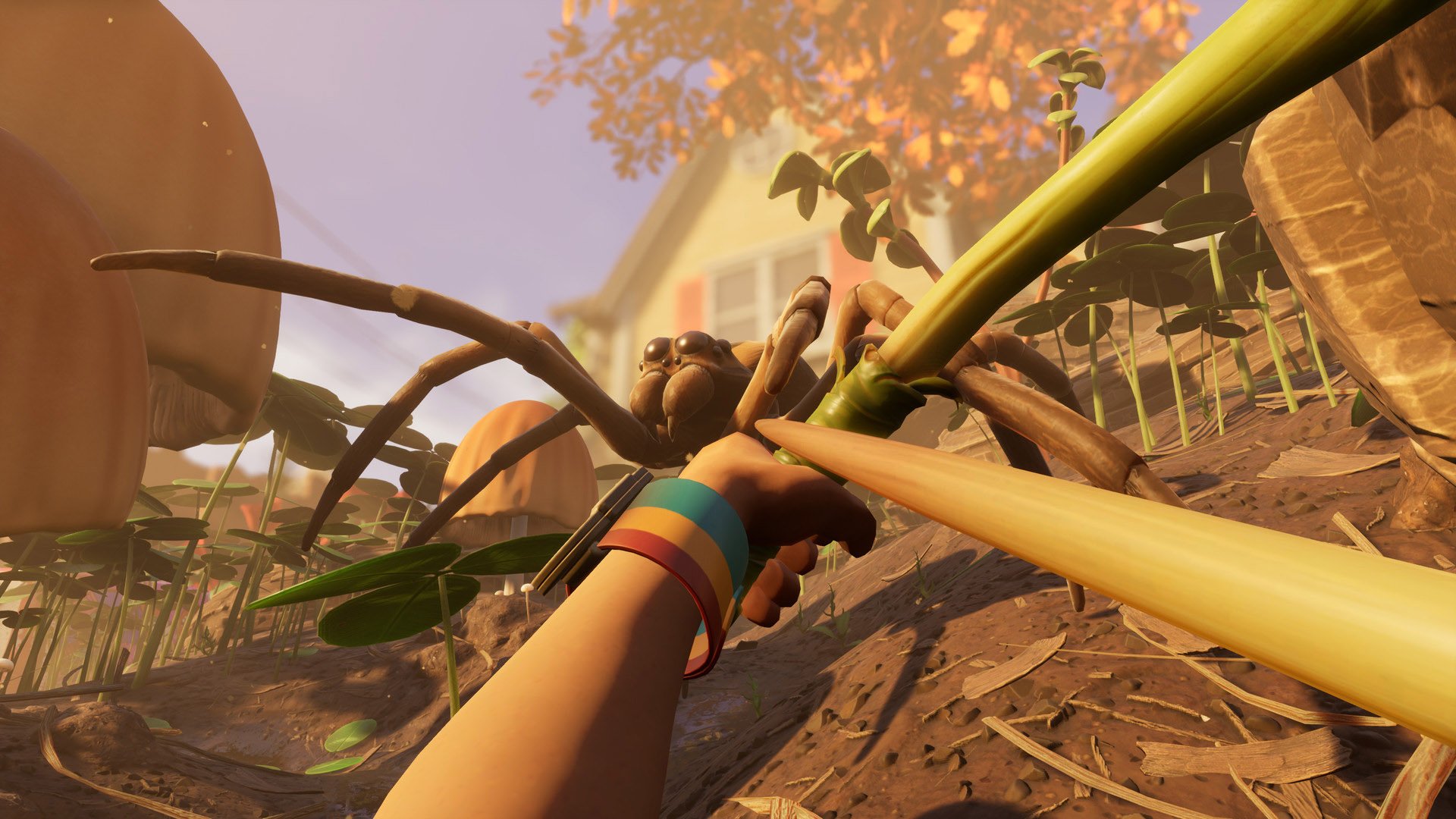 A player fighting a Wolf Spider with a bow in Grounded.