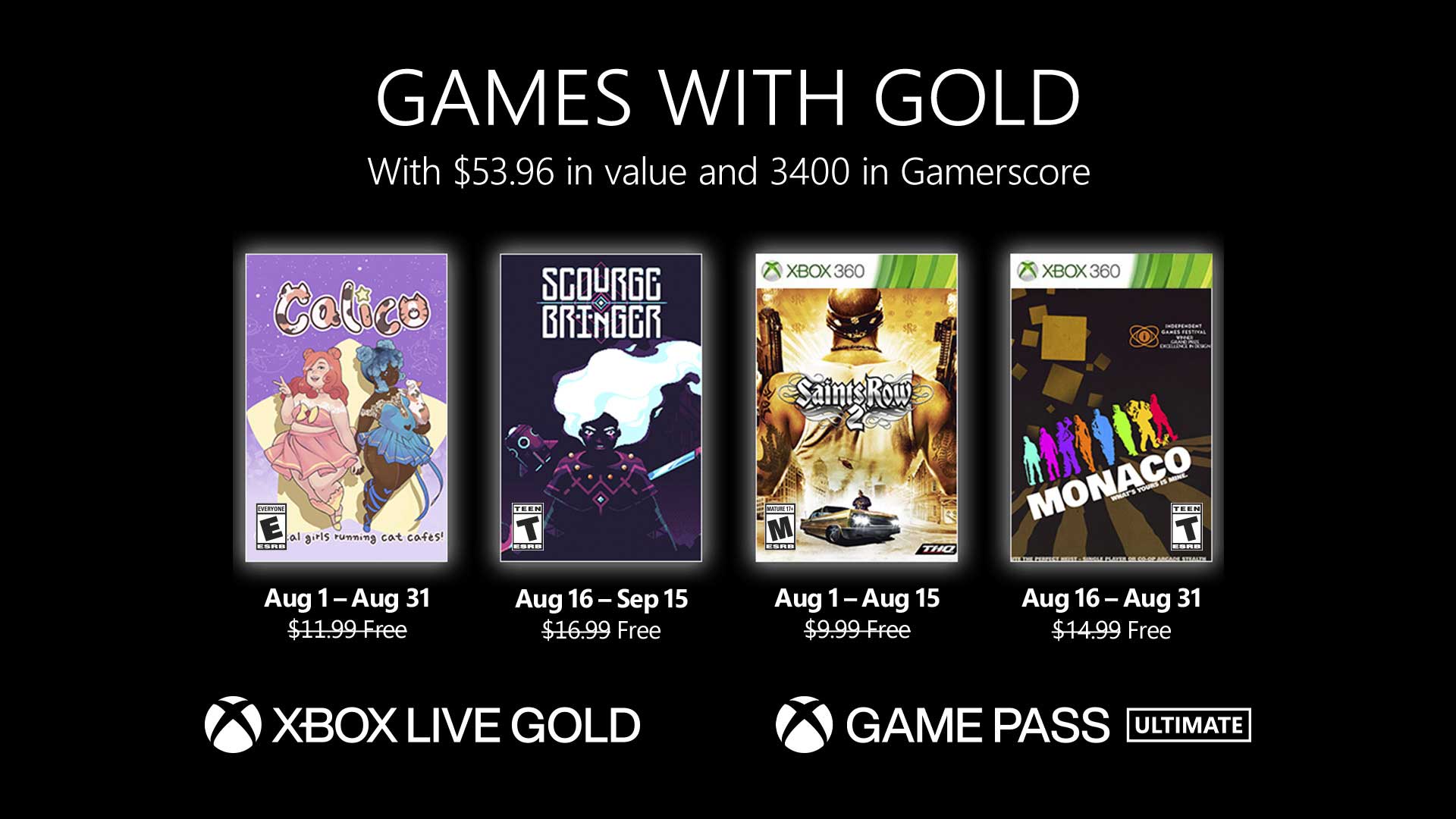 August 2020 Xbox Games with Gold lineup